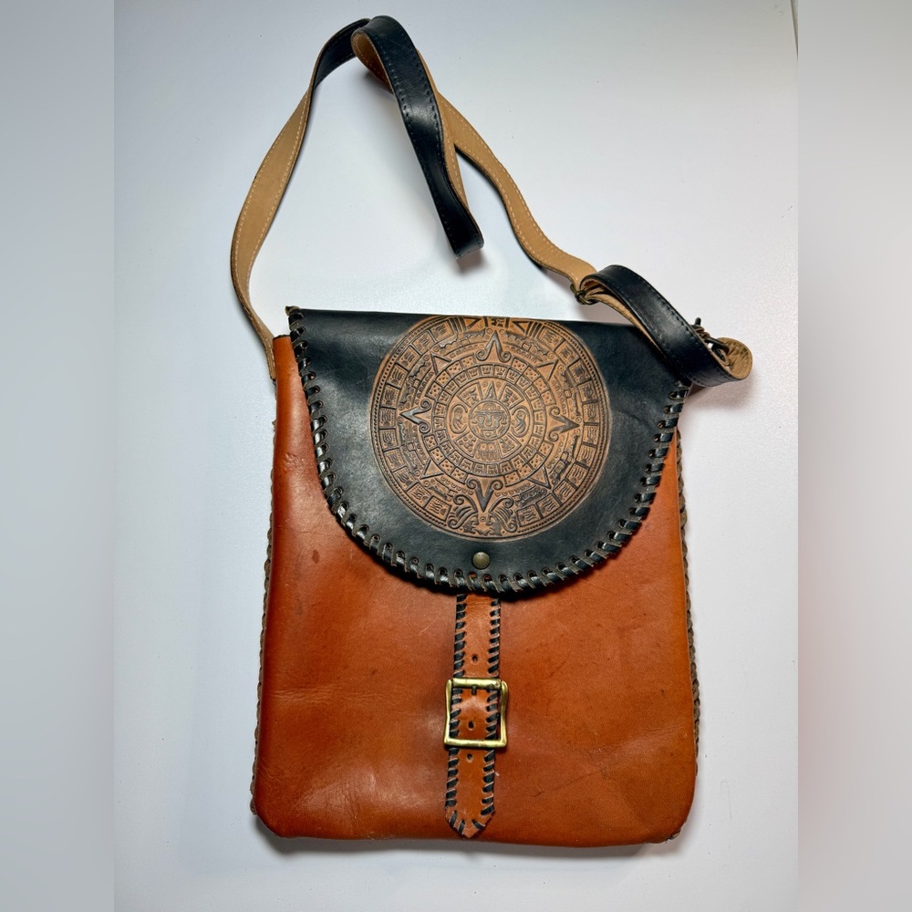 Brown and Black Aztec Leather Crossbody Bag